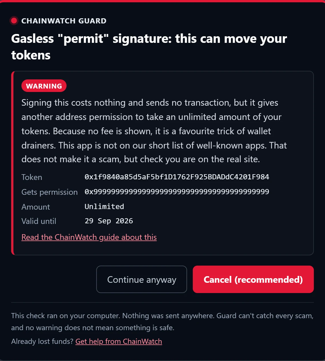 ChainWatch Guard warning: Gasless permit. A free "permit" signature that would let someone take your tokens later.
