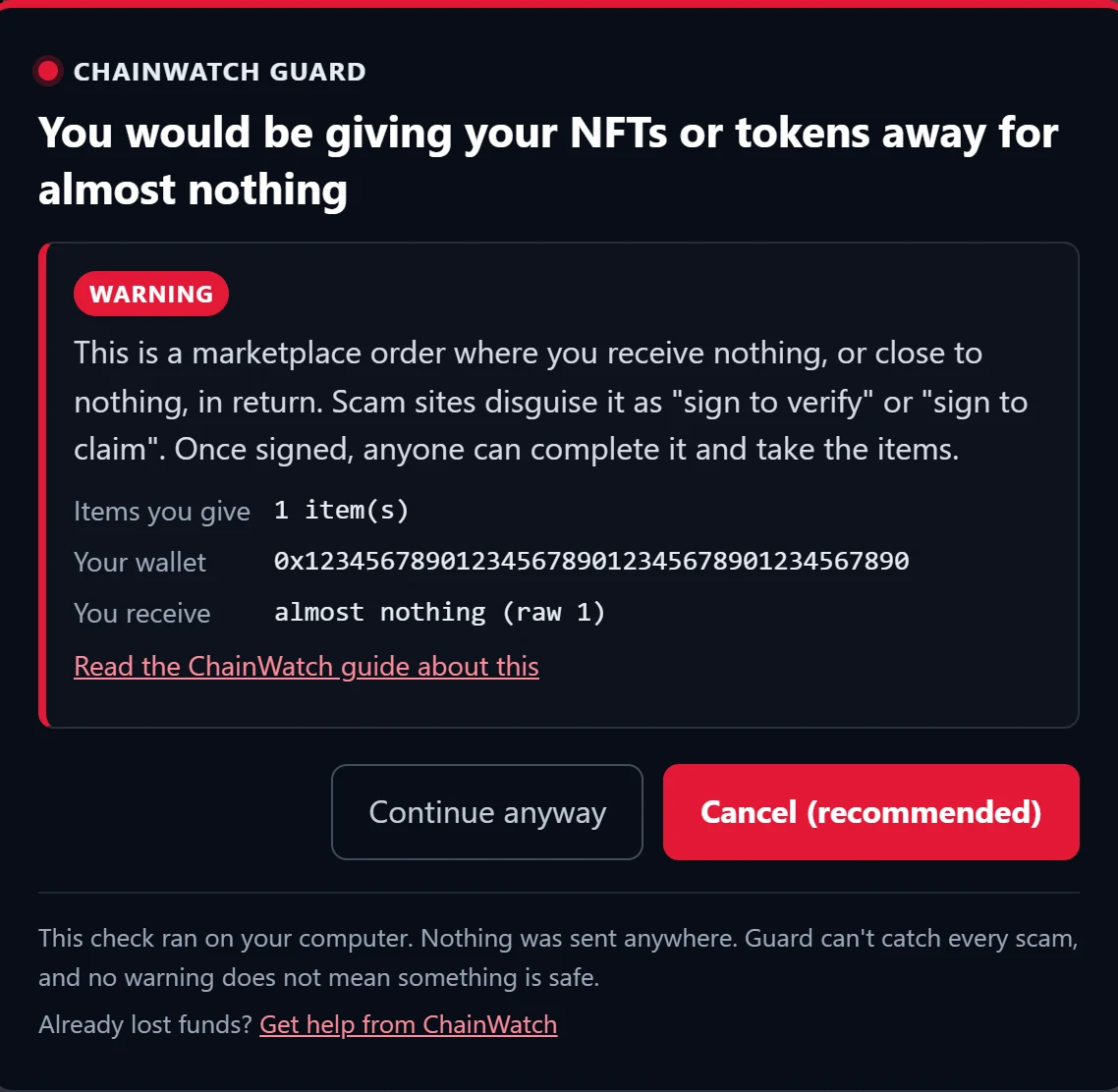 ChainWatch Guard warning: Free NFT listing. A "sign to verify" trick that would give your NFTs away for almost nothing.