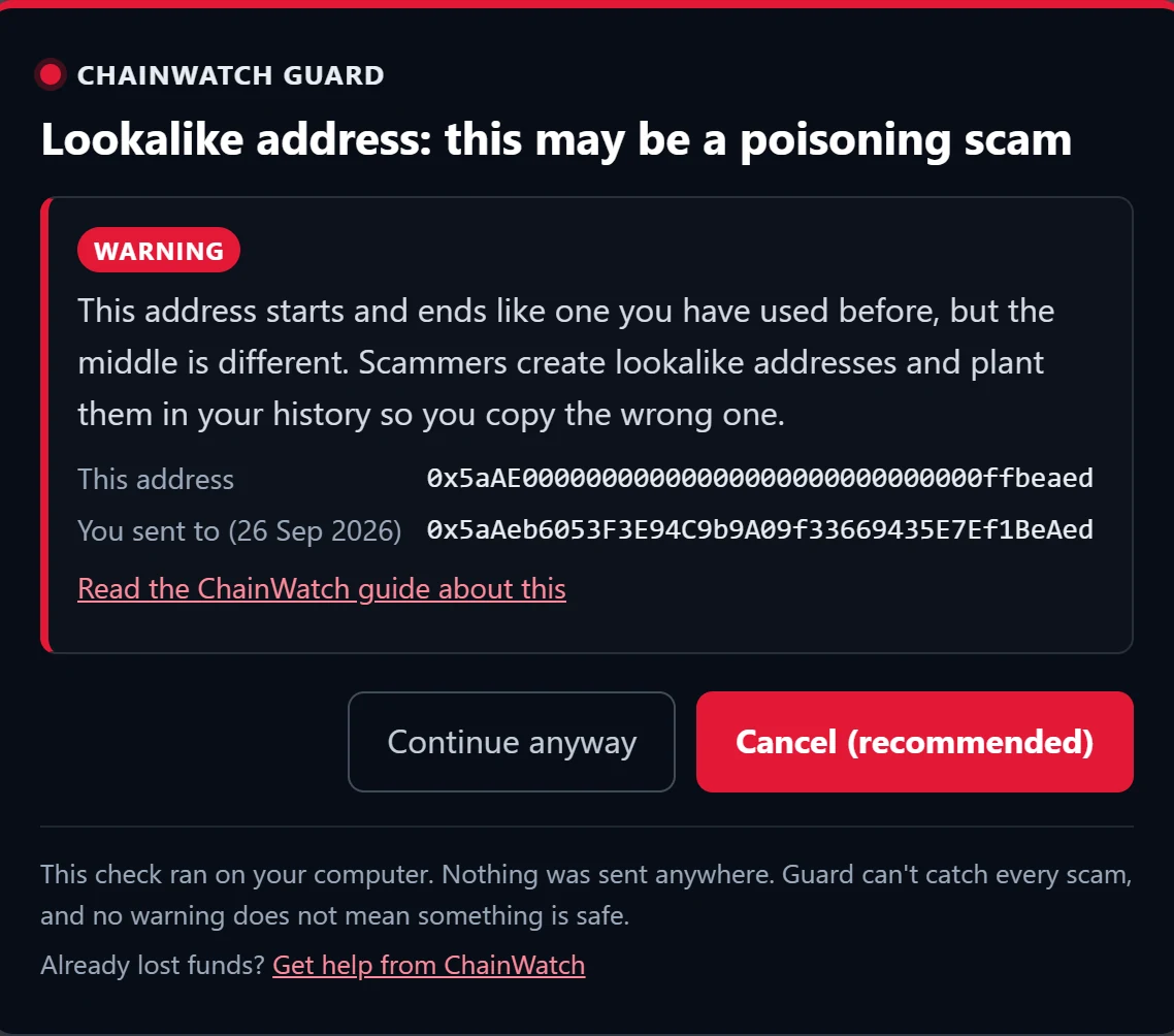ChainWatch Guard warning: Lookalike address. An address that starts and ends like one you sent to: the address-poisoning scam.