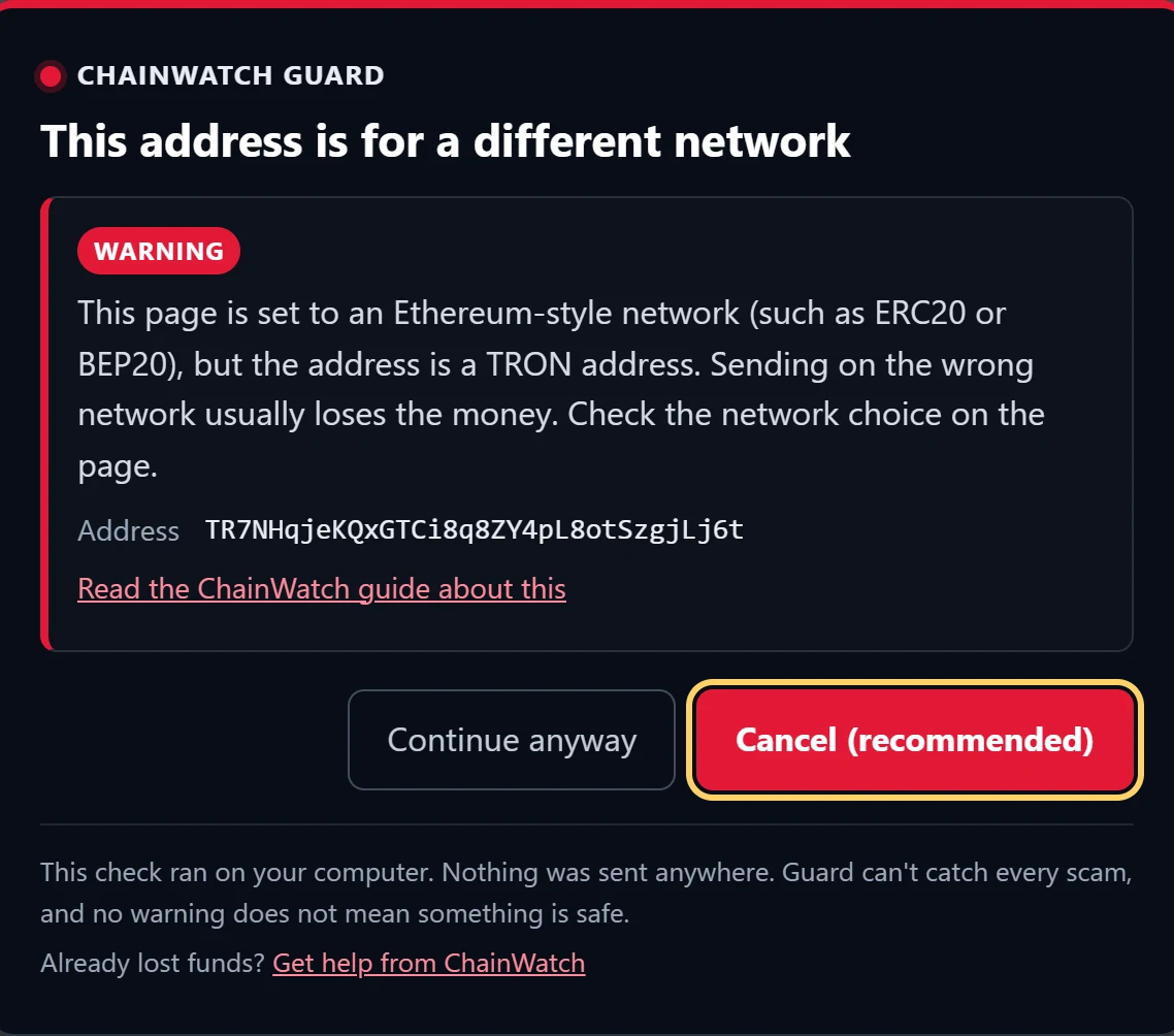 ChainWatch Guard warning: Wrong network. A TRON address pasted into an ERC20 withdrawal.